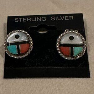 Turquoise Coral Obsidian Abalone Shell and Sterling Silver Earrings